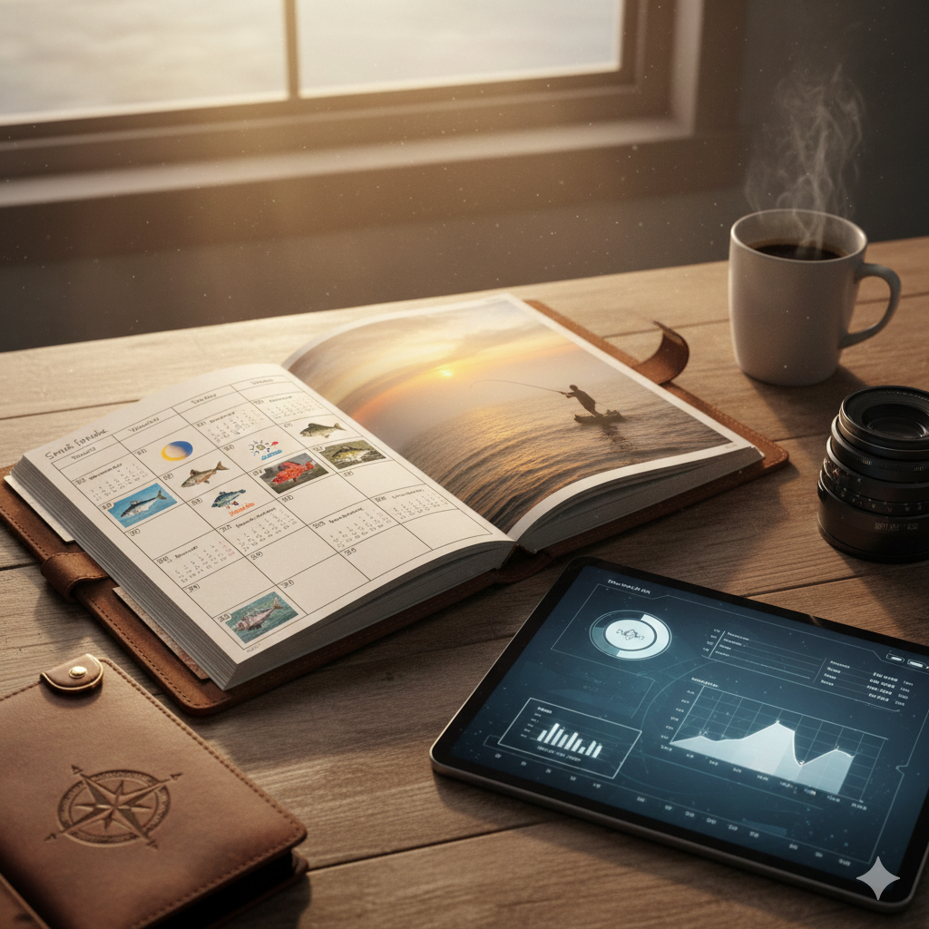 Calendario de Pesca 2026: Diseño Temático y Mareas Integradas